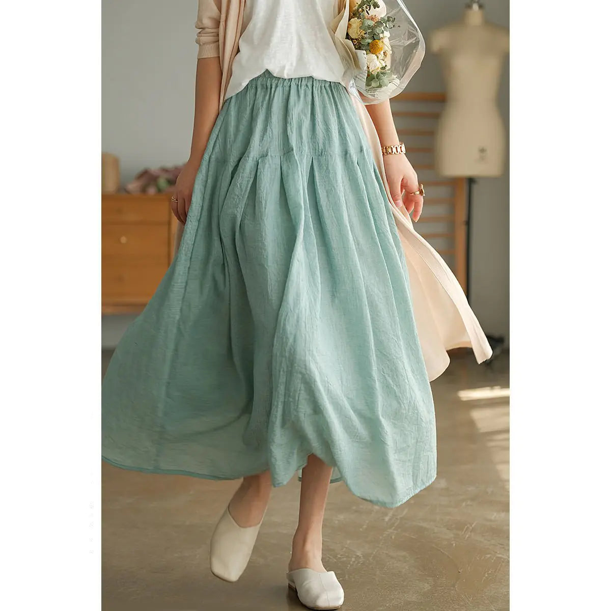 Pleated Long Cotton Ramie Summer Swing Skirt