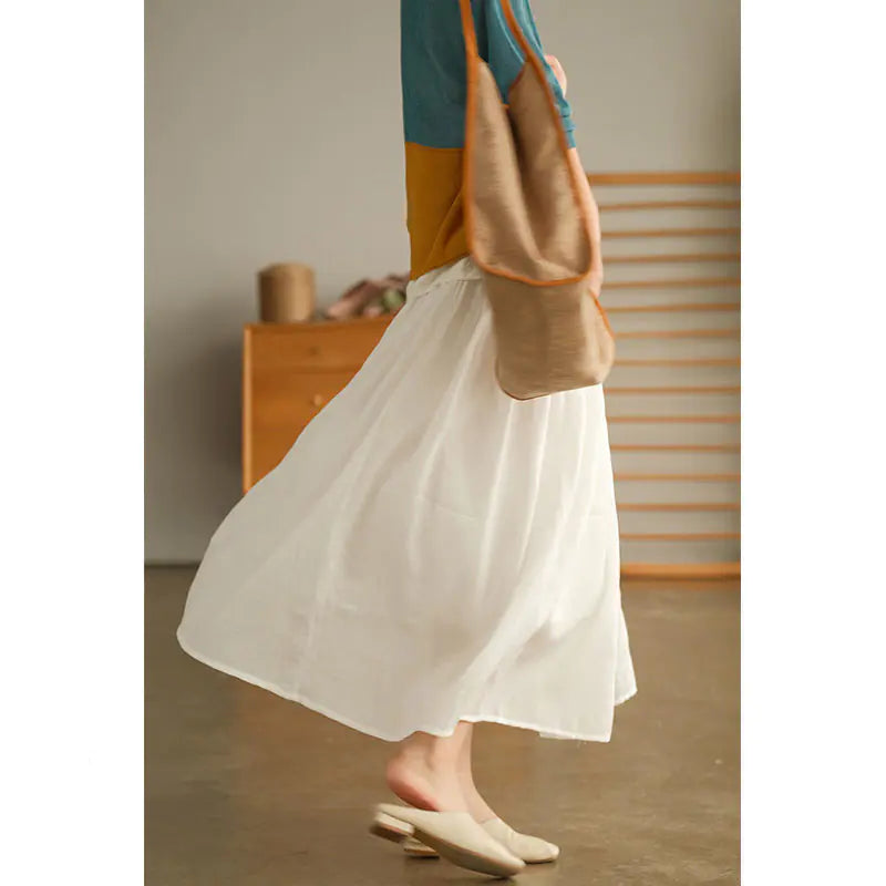 Pleated Long Cotton Ramie Summer Swing Skirt