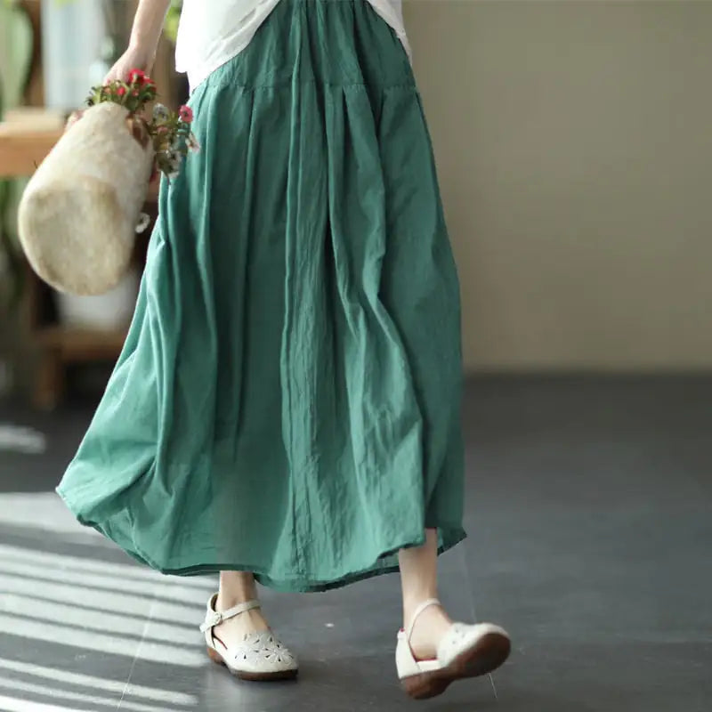 Pleated Long Cotton Ramie Summer Swing Skirt