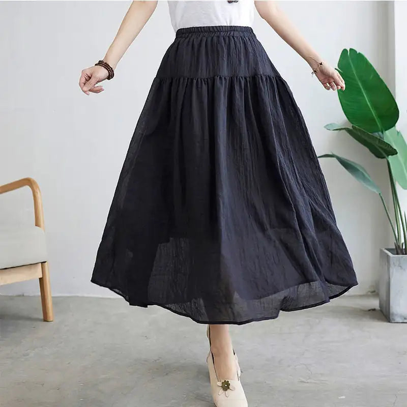 Pleated Long Cotton Ramie Summer Swing Skirt