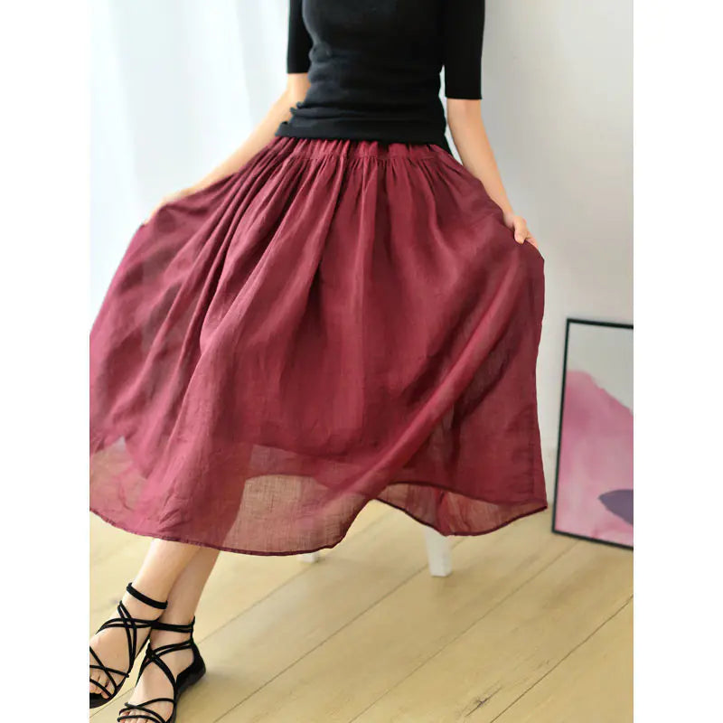 Pleated Long Cotton Ramie Summer Swing Skirt