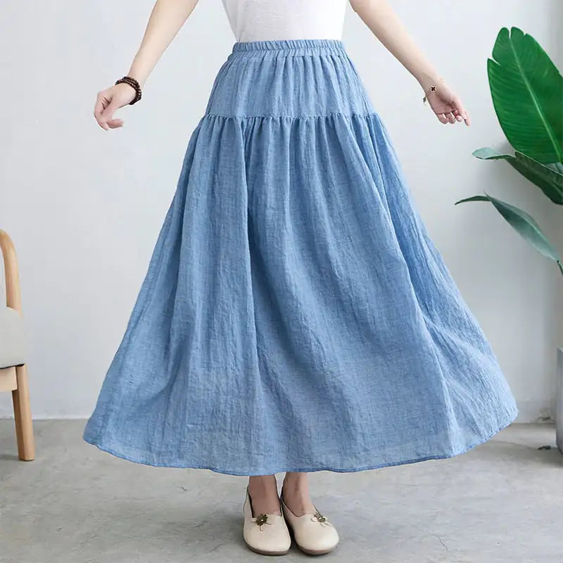 Pleated Long Cotton Ramie Summer Swing Skirt