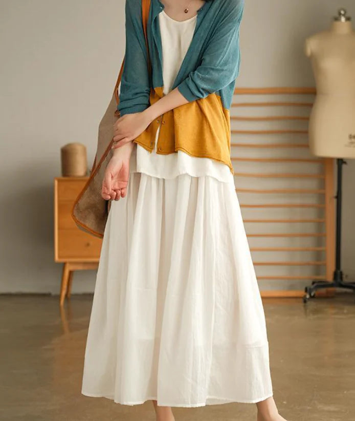 Pleated Long Cotton Ramie Summer Swing Skirt