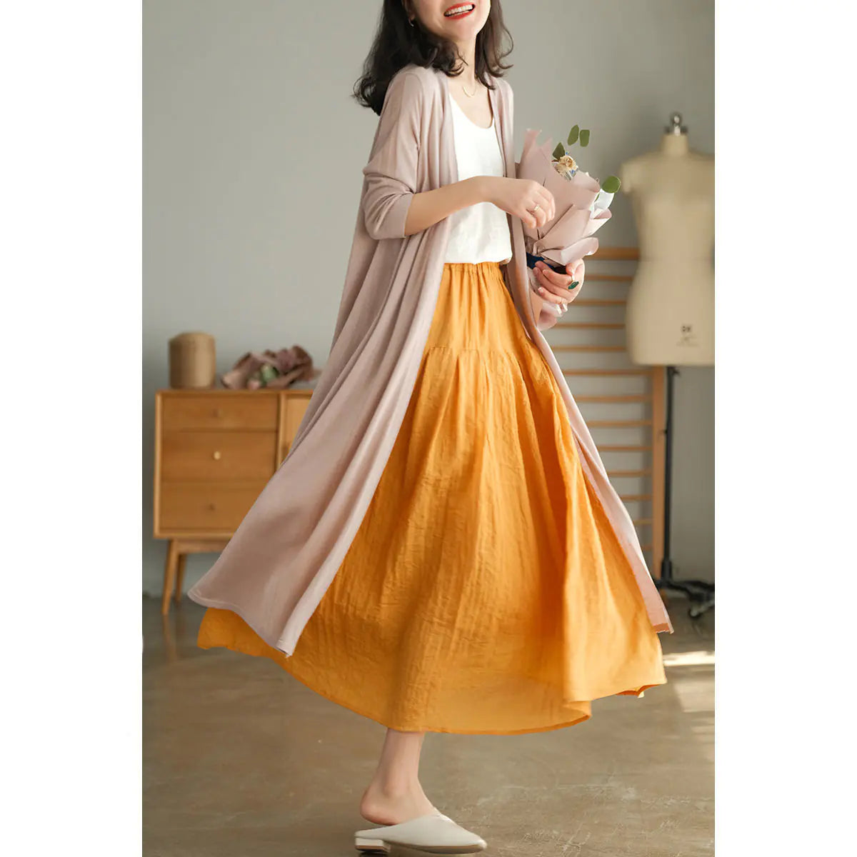 Pleated Long Cotton Ramie Summer Swing Skirt