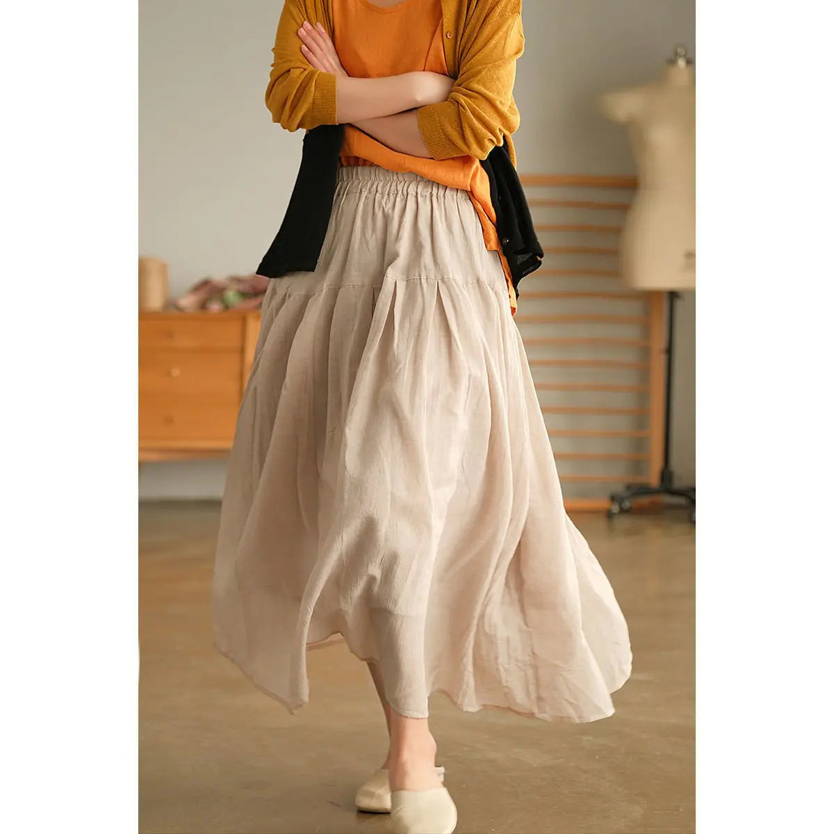 Pleated Long Cotton Ramie Summer Swing Skirt